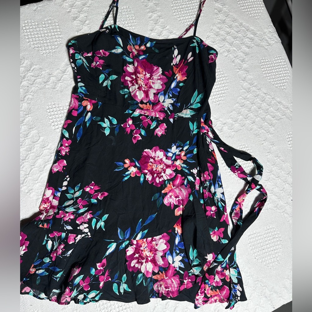 Express Black Dress with Pink and Teal Floral Print- small petite- summer vibes